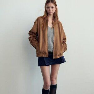 Zara FAUX SUEDE BOMBER JACKET Size Small camel tan